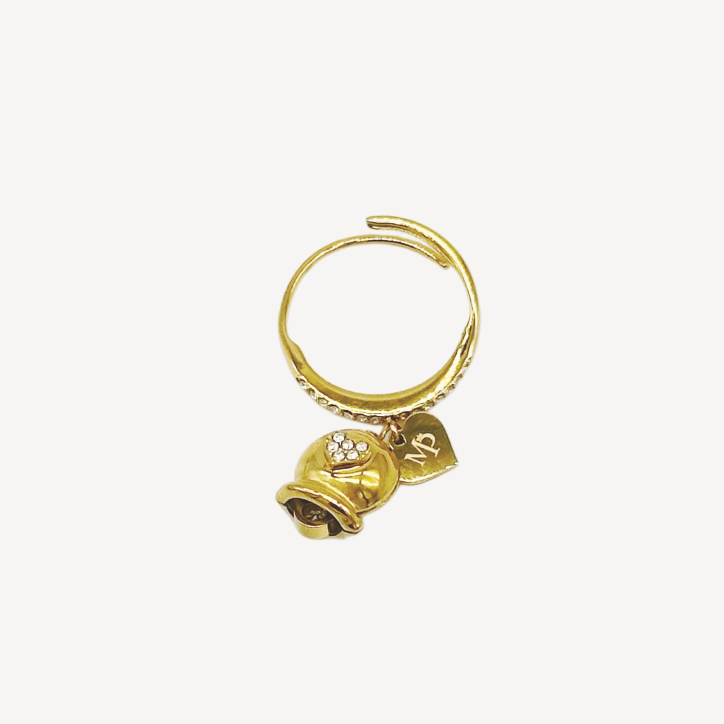 Anello CAMPANELLA Regolabile con Pendente a Campana e Cuore in Strass