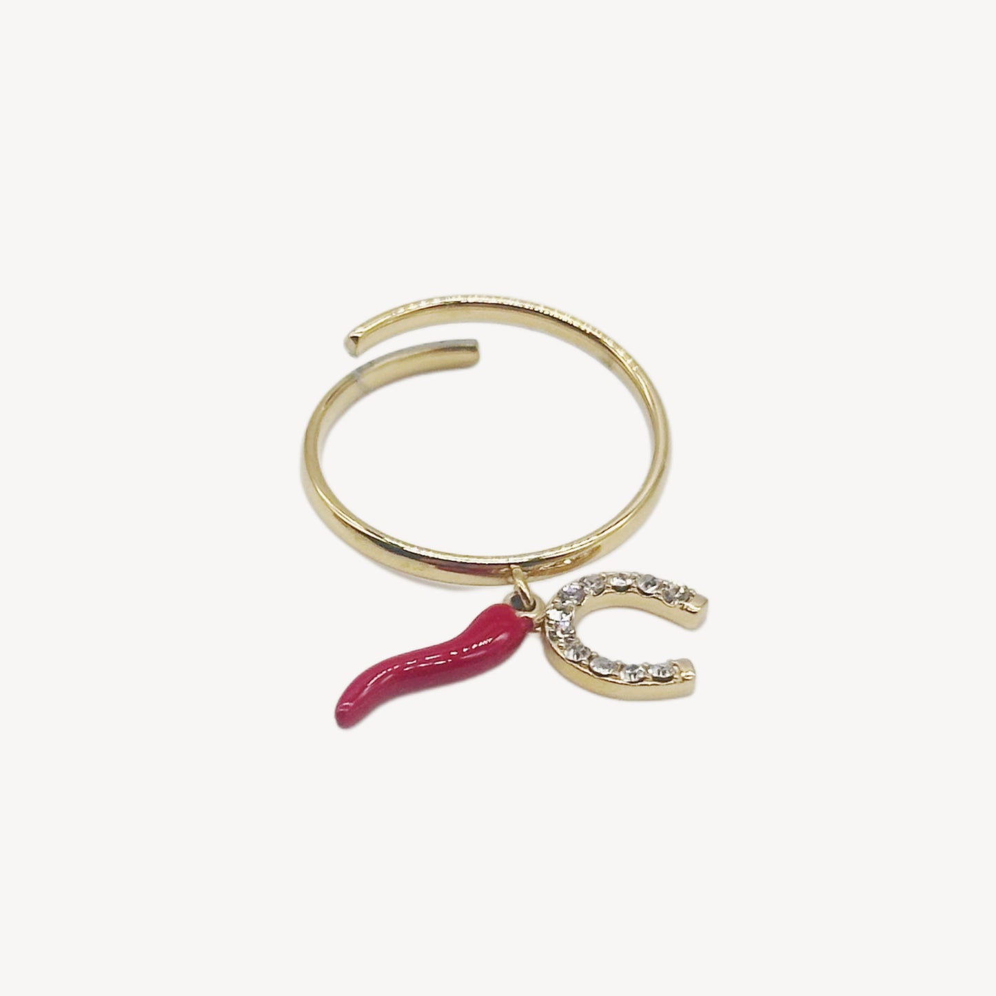 Anello FERRO Regolabile con Ferro di Cavallo e Peperoncino