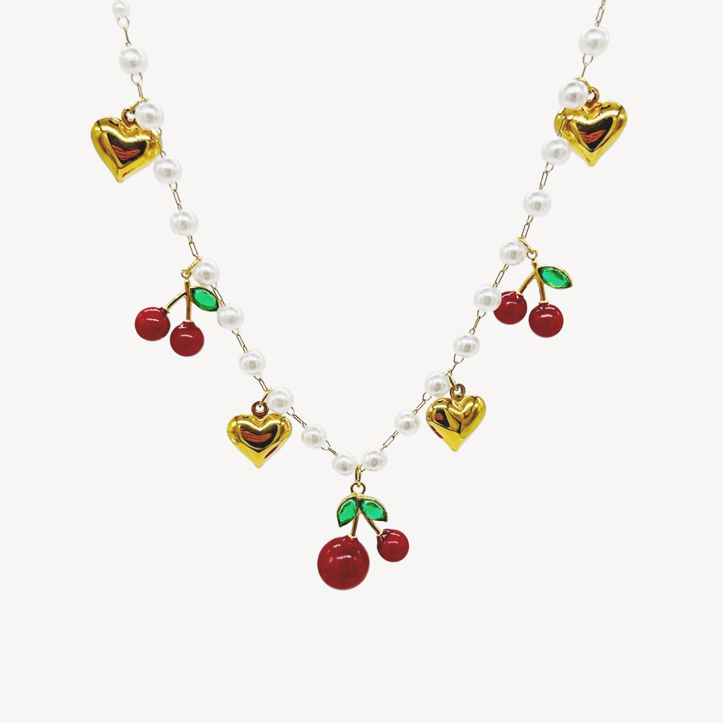 Collana CILIEGIE con Pendenti, Cuoricini, e Perle