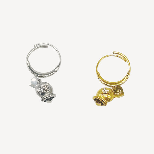 Anello CAMPANELLA Regolabile con Pendente a Campana e Cuore in Strass