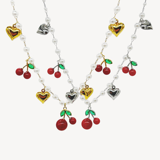 Collana CILIEGIE con Pendenti, Cuoricini, e Perle