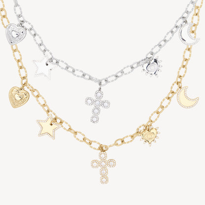 Collana CROCE con Cuori, Stella e Luna