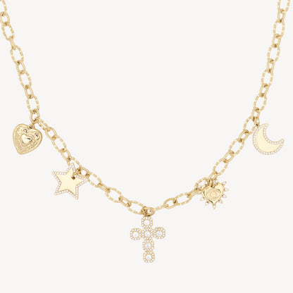 Collana CROCE con Cuori, Stella e Luna